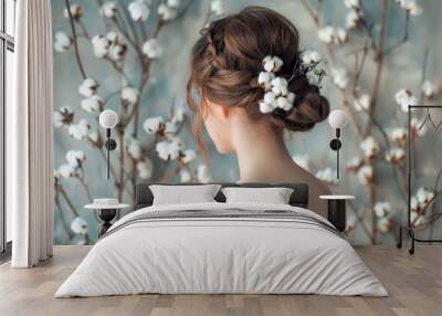 Wedding Hair. Beautiful Bride with Cotton Flower Decorated Coiffure Wall mural