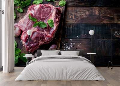 Whole Raw Lamb Shoulder Leg Meat with Garlic and Mint on Dark Wooden Background: Top View Wall mural