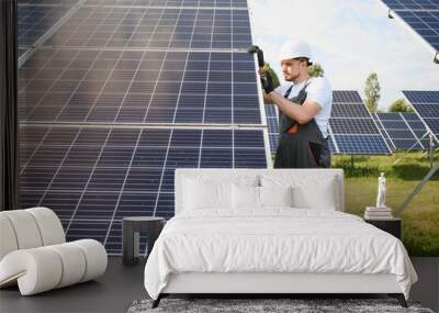 Worker installing solar panels outdoors Wall mural