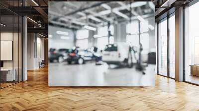 Abstract blur of spacious garage with three cars in one row Wall mural