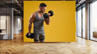 Muscular young man doing exercise with dumbbells Wall mural