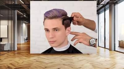 Young boy with toned in violet color by professional barber hair. Wall mural