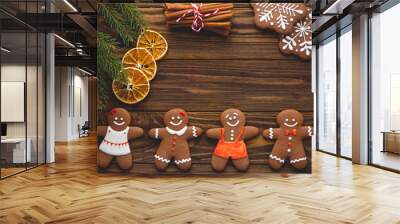 Christmas homemade gingerbread cookies and spices on the wooden Wall mural