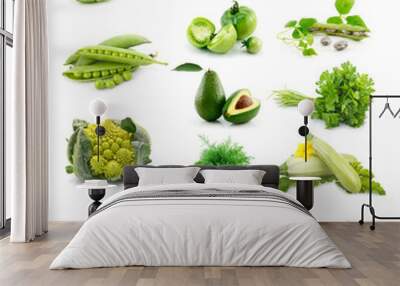 Set of fresh green vegetables isolated on white Wall mural