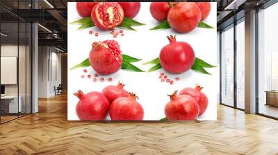 Set os pomegranate fruits with green leaf and cuts isolated Wall mural