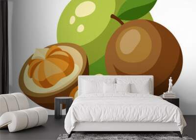 Fresh nuts with green and brown outer shells, showcasing various textures and creamy interiors Wall mural