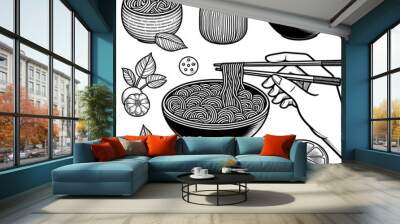 Set of Asian food. Hand drawn  black and white illustration in black and white. Wall mural