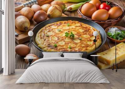 Tortilla española con papas y cebolla rodeada de ingredientes frescos como huevos y queso. Wall mural