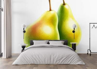 Two ripe pears with a hint of blush, illustrated in a realistic watercolor style, isolated on a white background. Wall mural