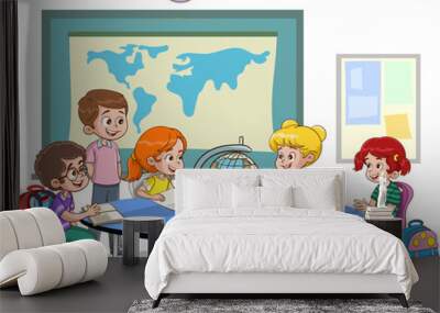 Group of kids sitting at desk and studying geography lesson together.Cartoon vector illustration. Wall mural