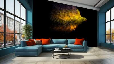 Birds. Dispersion, splatter effect. Black background. Wall mural