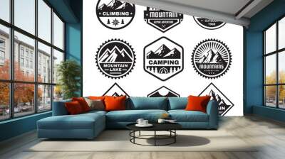 Set of adventure outdoor concept badges, camping emblem, mountain climbing logo in flat style. Exploration sticker symbol. Creative vector illustration. Graphic design in black and white colors.   Wall mural