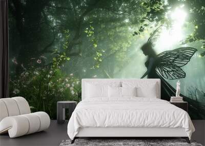 A mystical fairy with large wings stands in a sunlit forest. Wall mural