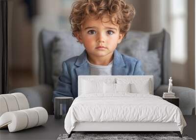 A 4 year old boy with tousled hair sits on a small chair, legs crossed, focused on reading toy documents. Dressed in a light blue blazer and trousers, he creates a serious yet adorable atmosphere in a Wall mural