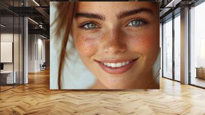 A close-up of a freckled woman with piercing green eyes smiling warmly in soft natural light indoors. Her captivating smile and natural beauty exude an air of carefree joy. Wall mural