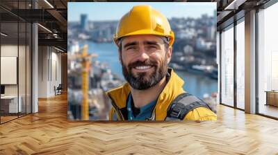 A construction worker stands on a high rise building site, smiling confidently at the camera. The city skyline and river create a vibrant backdrop, showcasing a bright day filled with opportunity in u Wall mural