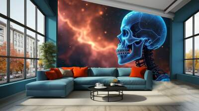 A digital rendering of a blue skull glowing with vibrant elements, set against an abstract background filled with lightning, creating a mysterious and electrifying visual effect. Wall mural