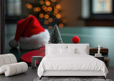 A festive scene featuring a Santa hat and two ping pong paddles with a small Christmas tree, set against a bokeh background of Christmas lights on a ping pong table. Wall mural