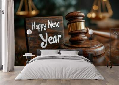 A gavel rests on a polished wooden table beside a sign that reads Happy New Year. This festive setting combines elements of law and celebration, symbolizing new beginnings and resolutions in a legal c Wall mural