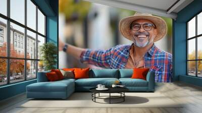 A stylish grandpa showcases his lively dance moves outdoors, exuding joy and energy in a colorful urban environment. His enthusiastic spirit and bright attire capture the essence of happiness and cele Wall mural