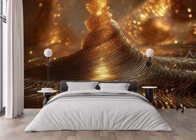 A swirling abstract sculpture in gold, with radiant light emanating from it, captures the essence of festive elegance, artfully representing celebration and luminous brilliance. Wall mural