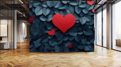 A vibrant composition showcases several red hearts placed against a rich, dark green leaf background. This charming arrangement evokes feelings of love, affection, and creativity, perfect for romantic Wall mural