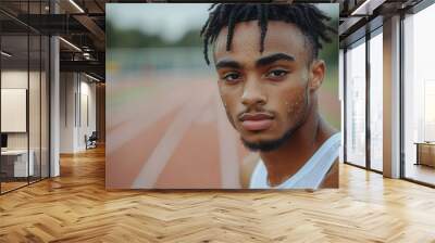 A young, confident athlete stands determined on a track, sweat glistening on his skin, reflecting his intense focus and dedication to his sports training and future victories. Wall mural