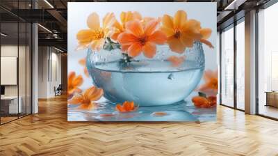 An elegant frosted glass vase is tilted on its side, showcasing vibrant flowers scattered around it. Water spills across a bright white surface, creating a serene and fresh atmosphere. Wall mural