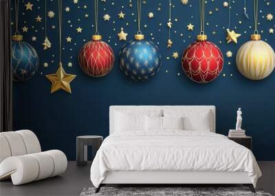 Beautifully crafted ornaments in red, blue, and gold hang elegantly against a deep blue background. Delicate golden stars and shining decorations enhance the festive atmosphere, creating a cheerful ho Wall mural