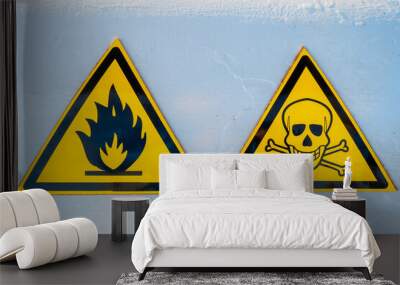 Danger warning signs. Two yellow triangles. Skull and bones. Fire. Caution: Explosive. Be careful of poison. Wall mural