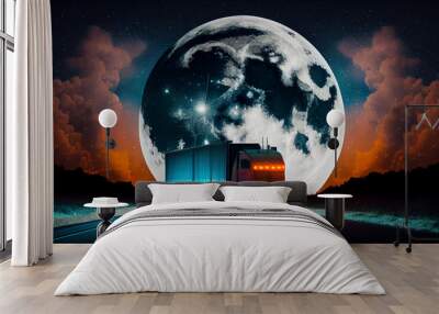 A cargo truck with a container moves along a night highway. Full moon over the horizon. Abstract illustration. Wall mural