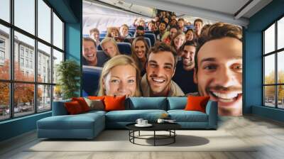 A group of people, friends, passengers on an airplane take a selfie. Wall mural