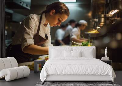 A young female chef garnishes a dish in a restaurant kitchen. AI generated. Wall mural