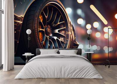 An aluminum rim on a sports car wheel. Defocused night street and lights in the background. Layout. AI generative. Wall mural