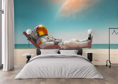 An astronaut in a spacesuit lies on a sun lounger and sunbathes on the beach. Wall mural