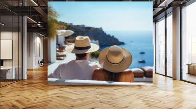 Couple is vacationing on a Greek island. A man and a woman in straw hats admire the sea. Wall mural