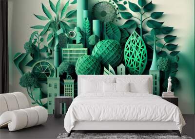 Illustration, green foliage in cut paper art style. The concept of nature conservation. Wind generators, houses, solar panels. Wall mural