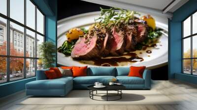 Lamb loin, grilled, sprinkled with microgreens. Restaurant menu dish. Wall mural