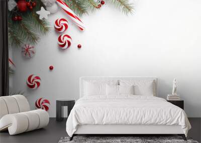 New Year's layout. Banner or mockup with fir branches, candies, decorations and Christmas gifts. Wall mural