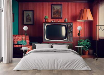 Old fashioned vintage retro design room with retro tv. Abstract illustration. Wall mural