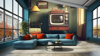 Old fashioned vintage retro design room with retro tv. Abstract illustration. Wall mural