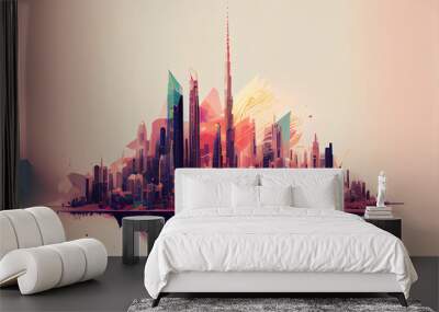 Poster, abstract watercolor illustration of landmarks, skyscrapers of Dubai, double exposure. AI generated. Wall mural