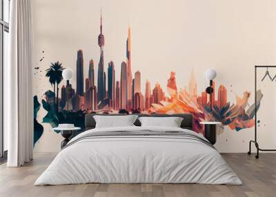 Poster, abstract watercolor illustration of landmarks, skyscrapers of Dubai, double exposure. AI generated. Wall mural