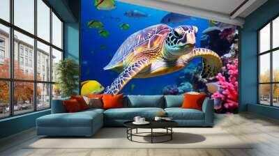 Sea turtle surrounded by colorful fish underwater. Wall mural