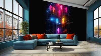 Simple vector graphic of neon connecting people icons, social network concept, isolated on black background. Wall mural