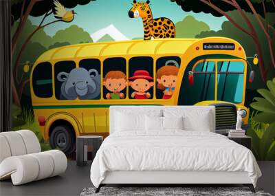 The animal children came on a jungle safari in a school bus. AI generated. Wall mural