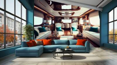 The interior of the cabin of a luxury yacht or speedboat, the sea is visible through the windows. Wall mural