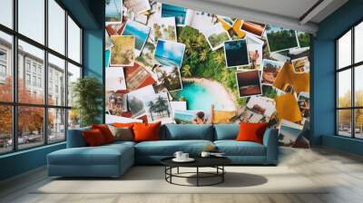 Top view of A collage of many photos. Lots of vacation travel photos. Wall mural