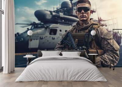 US Army Marine in full uniform and tactical equipment on the deck of a warship, an aircraft carrier. Military helicopter in the background. AI generated. Wall mural