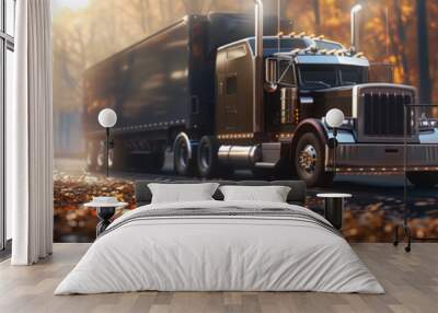 A delivery American longhead delivery truck driving along the road against the backdrop of autumn forest. Wall mural